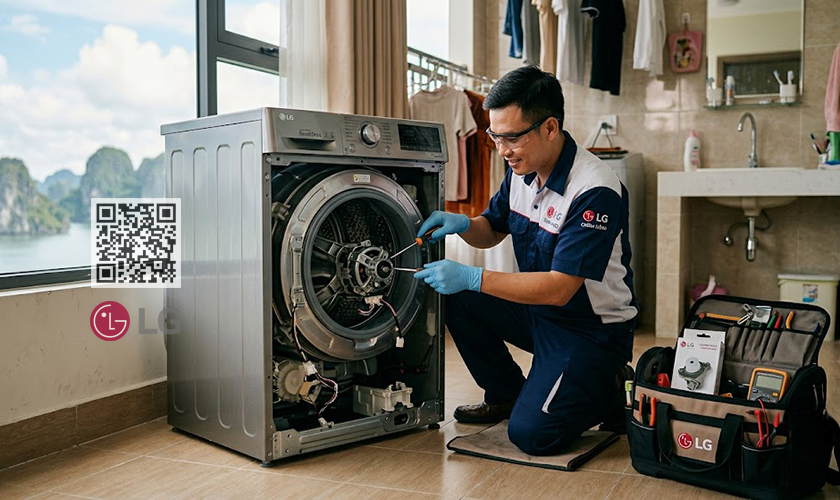Kỹ thuật viên của LG Warranty thực hiện sửa máy giặt LG tại nhà Hạ Long