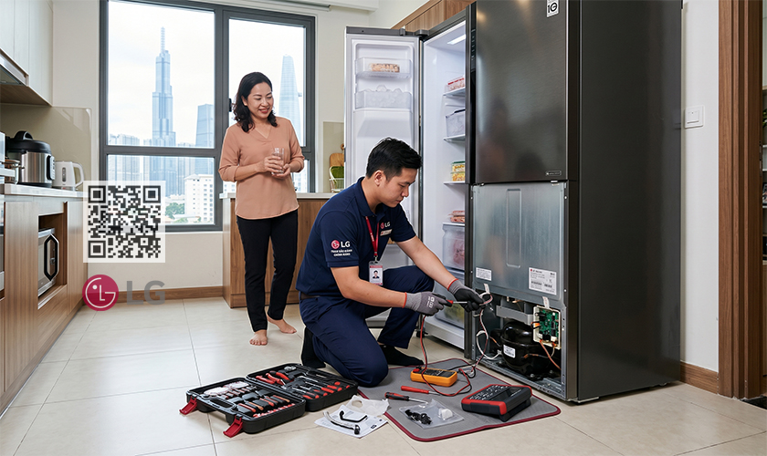 Kỹ thuật viên áp dụng quy trình sửa chữa tủ lạnh chuyên nghiệp của LG Việt Nam